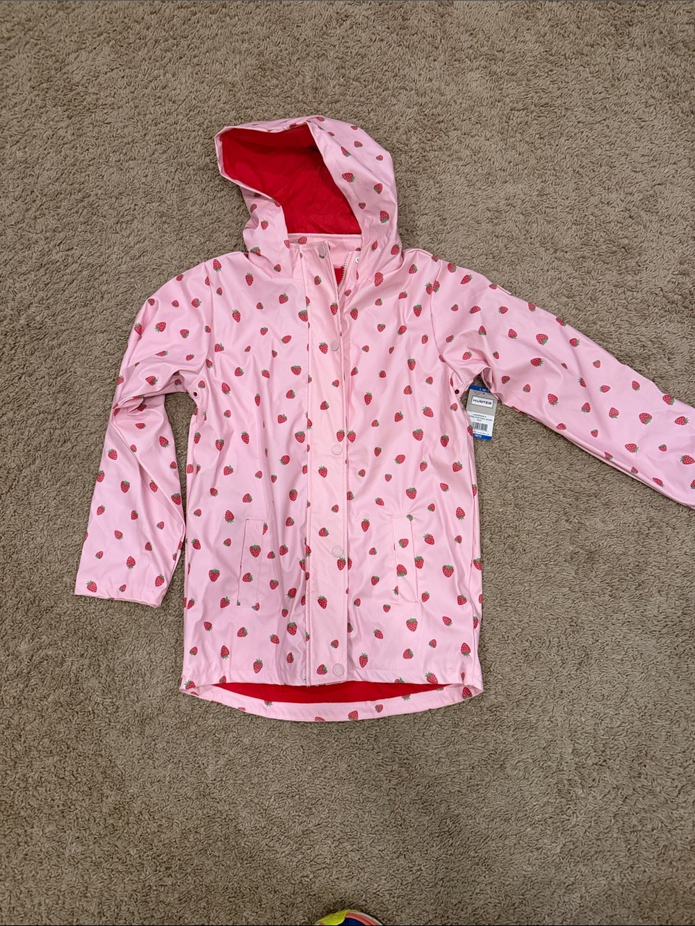 Hunter Kids Pink Strawberry Rain Jacket with Hood. Large 10/12